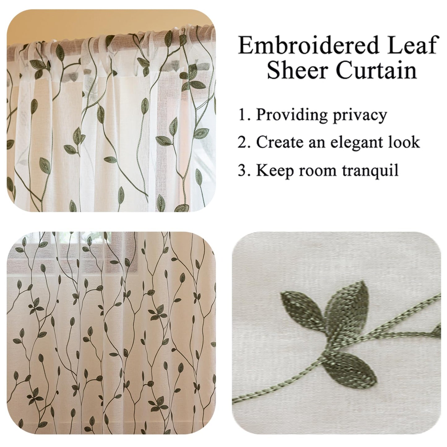AmHoo 2 Panels Embroidered Leaf Pattern Semi Sheer Curtains Foliage Floral Voile Window Draperies Treatment for Bedroom Living Room Rod Pocket White Sage Green 53 x 84 Inch