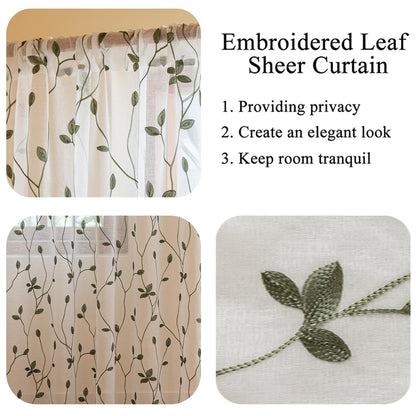 AmHoo 2 Panels Embroidered Leaf Pattern Semi Sheer Curtains Foliage Floral Voile Window Draperies Treatment for Bedroom Living Room Rod Pocket White Sage Green 53 x 84 Inch