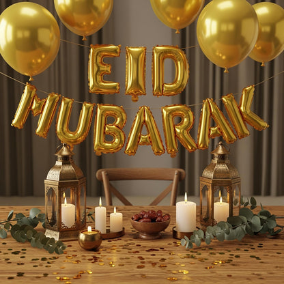 LAOREI Eid Mubarak Banners 16 inch Eid Mubarak Balloons Party Decoration Supplies for Ramadan and Muslim Celebrations Ramadan Islamic Festive Gatherings Gold Foil Balloons Decorations