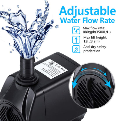 CWKJ Fountain Pump, 880GPH Submersible Water Pump, Durable 60W Outdoor Fountain Water Pump with 6.5ft Tubing (ID x 1/2-Inch), 3 Nozzles for Aquarium, Pond, Fish Tank, Water Pump Hydroponics, Fountain