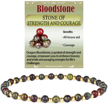 QOGIR Dragon Bloodstone - Strength and Courage - 14K Gold Plated Beads Natural Gemstone Stretch Elastic Dainty Healing Beaded Bracelets Gifts 4mm