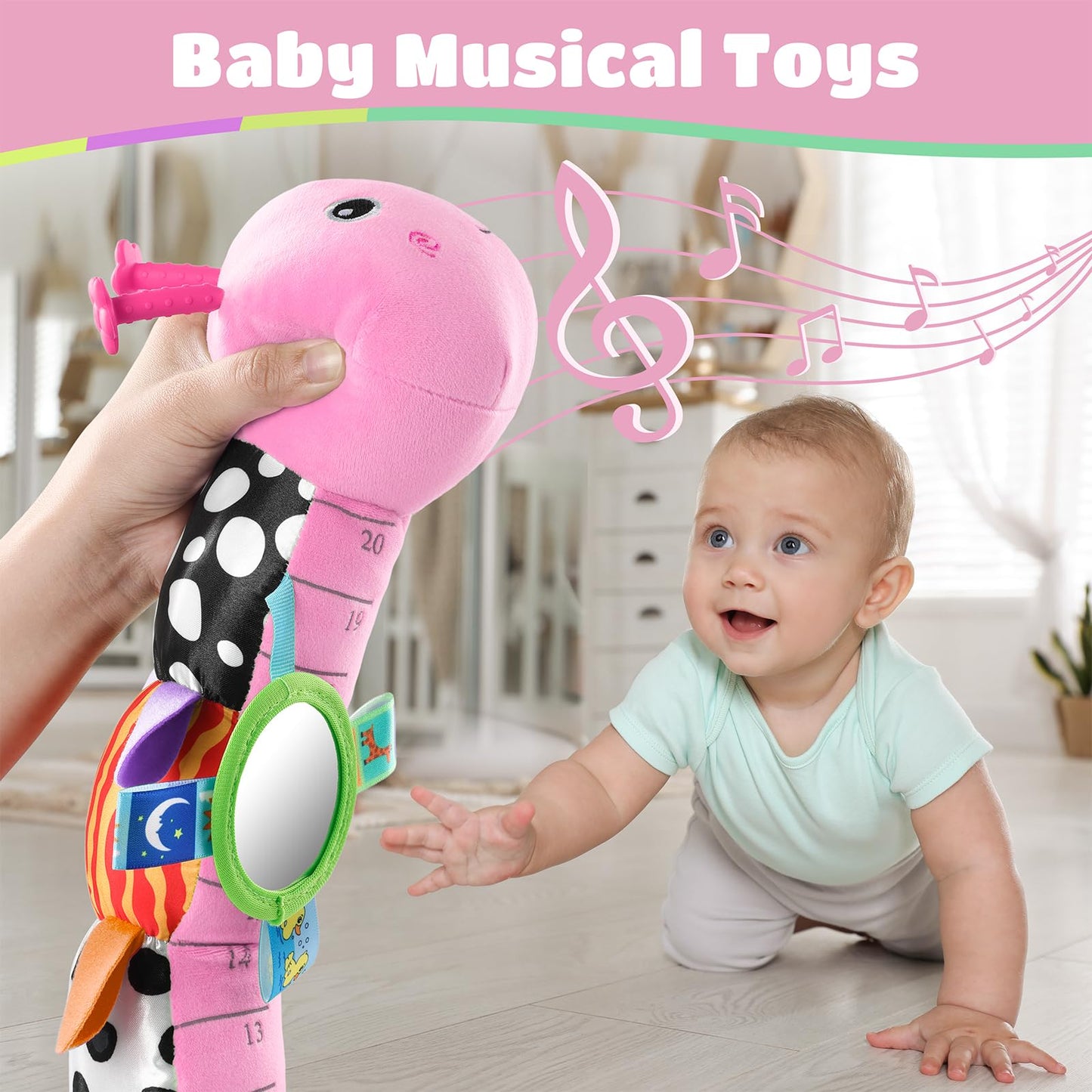 AWOTOY Baby Toys 6-12 Months Music Caterpillar Infant Toys Stuffed Animals 0-3-6 Months Teething Tummy Time Sensory Toys with Mirror Rattle&Pull String Boys Girls Birthday Gifts Easter Basket Stuffer