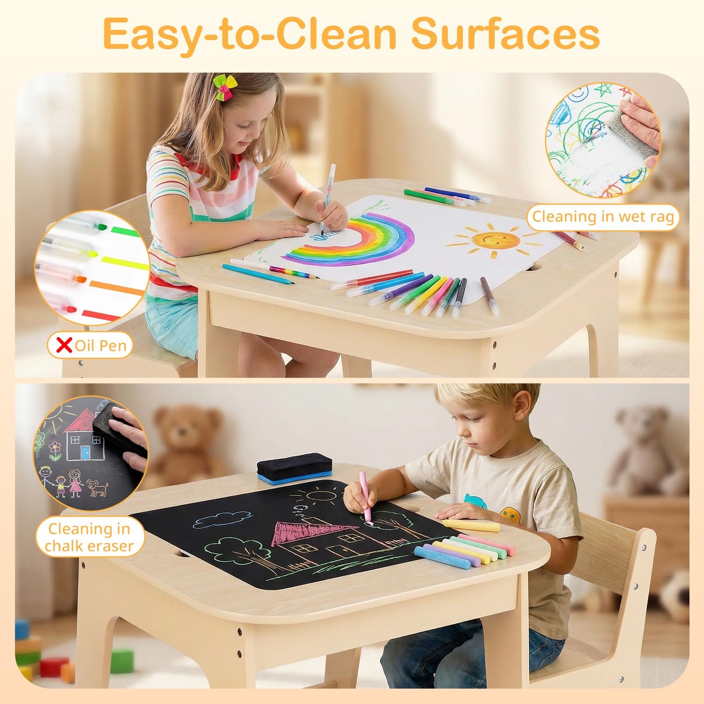INFANS Kids Table and Chair Set, 3 in 1 Wooden Activity Table with Removable Tabletop, Blackboard and Whiteboard for Toddlers Arts Crafts Drawing Reading Playing, Playroom Nursery (Natural)
