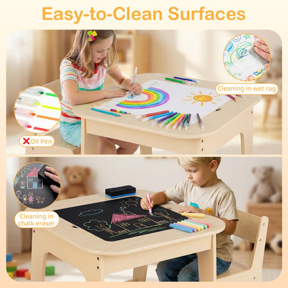 INFANS Kids Table and Chair Set, 3 in 1 Wooden Activity Table with Removable Tabletop, Blackboard and Whiteboard for Toddlers Arts Crafts Drawing Reading Playing, Playroom Nursery (Natural)