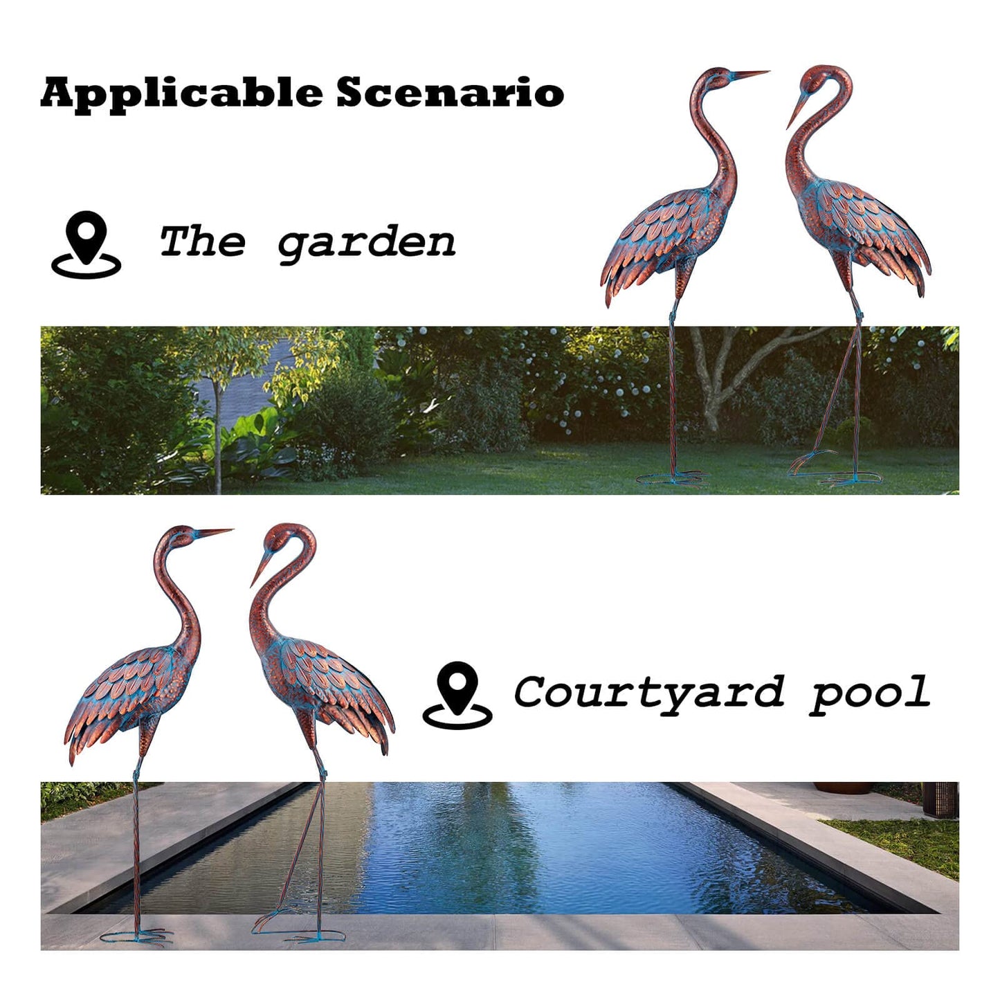 Kircust Garden Crane Statues Patina Heron Decoy, Standing Metal Crane Sculptures Bird Yard Art for Outdoor Decor, 47-48 Inch, Set of 2