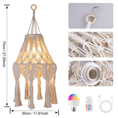 AVAMERY Boho Chic Macrame Pendant Lights with Tassels, Remote Control Dimmable Timer Rechargeable Battery Operated Hanging Lamp, Cotton Rope Wall Decor for Bedroom Living Room