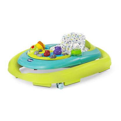 Chicco Walky Talky Foldable Baby Walker, Multilingual Play Tray with Music and Lights, 3 Height Adjustments, Brake Pads, for Children up to 26 lbs., Compact Fold, Circles/Grey/Green