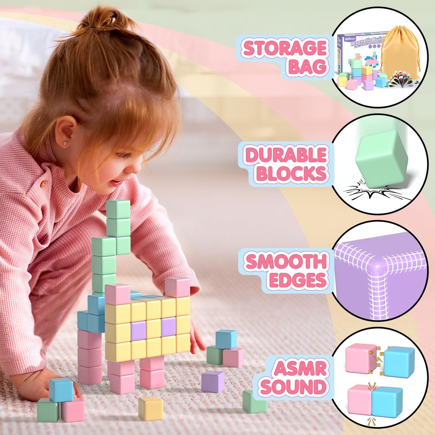 Apluses 74PCS Magnetic Blocks, Classroom Must Have Creative Learning Kids Toys | Preschool Montessori Sensory Autism Magnet Toys for Boys and Girls Ages 3 4 5 6