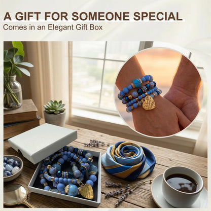 Ysenchan Bohemian Bracelet Set for Women, 4 Pcs Beaded Stackable Bracelets with Heart Charm, Stretch Bracelets, Boho Jewelry Gift – [Blue]
