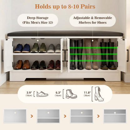 Farmhouse Shoe Storage Bench with Cushion - 43.3" Entryway Bench with Storage & 4 Barn Doors, 2-Tier Wooden Shoe Rack Bench, Hidden Shoe Cabinet & Mudroom Bench for Bedroom Hallway Living Room, White