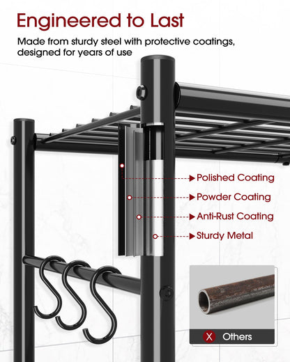 Sakugi Storage Shelves - 4-Tier Spacious Shelf Organizer with Hooks & Leveling Feet, Easy to Assemble, Rust-Resistant Garage Shelving for Kitchen, Pantry, Bedroom, 33.2" x 12.7" x 57.3", Black