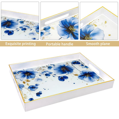 PDUHKO Serving Tray with Handles, 15.7 * 11.8 inches, Plastic Ottoman Tray with Exquisite Paintings, Trays for Coffee Table