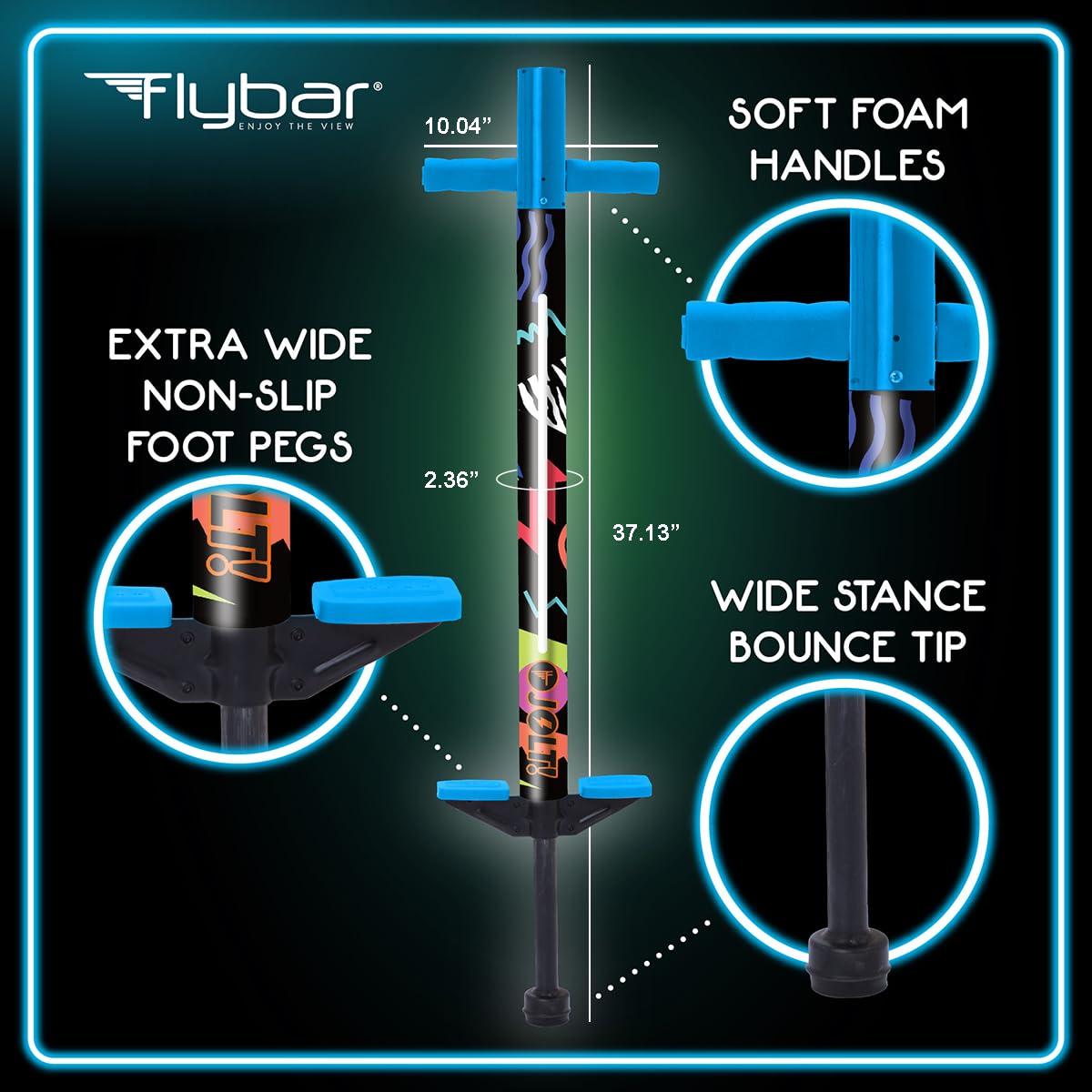Flybar Jolt Pogo Stick for Kids, Perfect for Beginners w/Foam-Covered Metal Frame, Handles & Padding, Non-Slip Foot Pads, Wide Tip, Outdoor Active Play Toy for Boys & Girls, Ages 6+, Retro Rocket LED