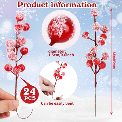 FOIMAS Snow Frosted Artificial Red Berry Stems,24 Pack Christmas Berry Spray Picks Holly Berries Branches for Christmas Tree DIY Craft Home Decoration