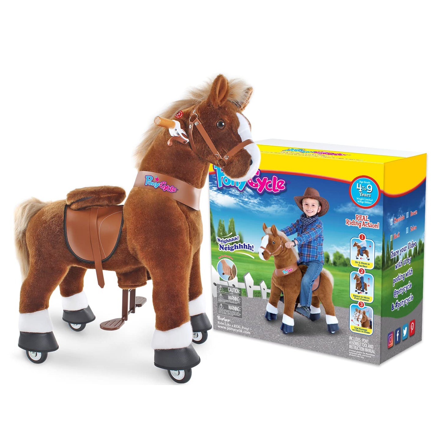 PonyCycle Kids Ride on Horse Walking Horse Toys, Classic Model U (with Brake/ 36" Height/Size 4 for Age 4-7), No Battery, Ride on Pony Animal for Indoor Outdoor Gift Brown Ux424