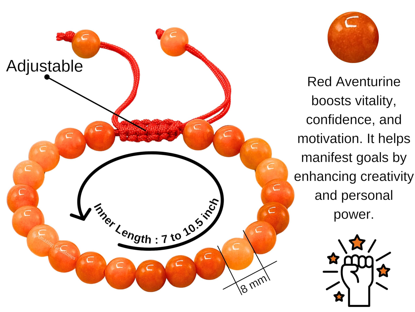 Amazing Gemstone Red Aventurine Bracelet for Women Men's Gifts - Protection Healing Crystal Bracelet - 8mm Gemstone Beaded Adjustable Bracelet Pulseras Para Hombres Mujer Stocking Stuffers