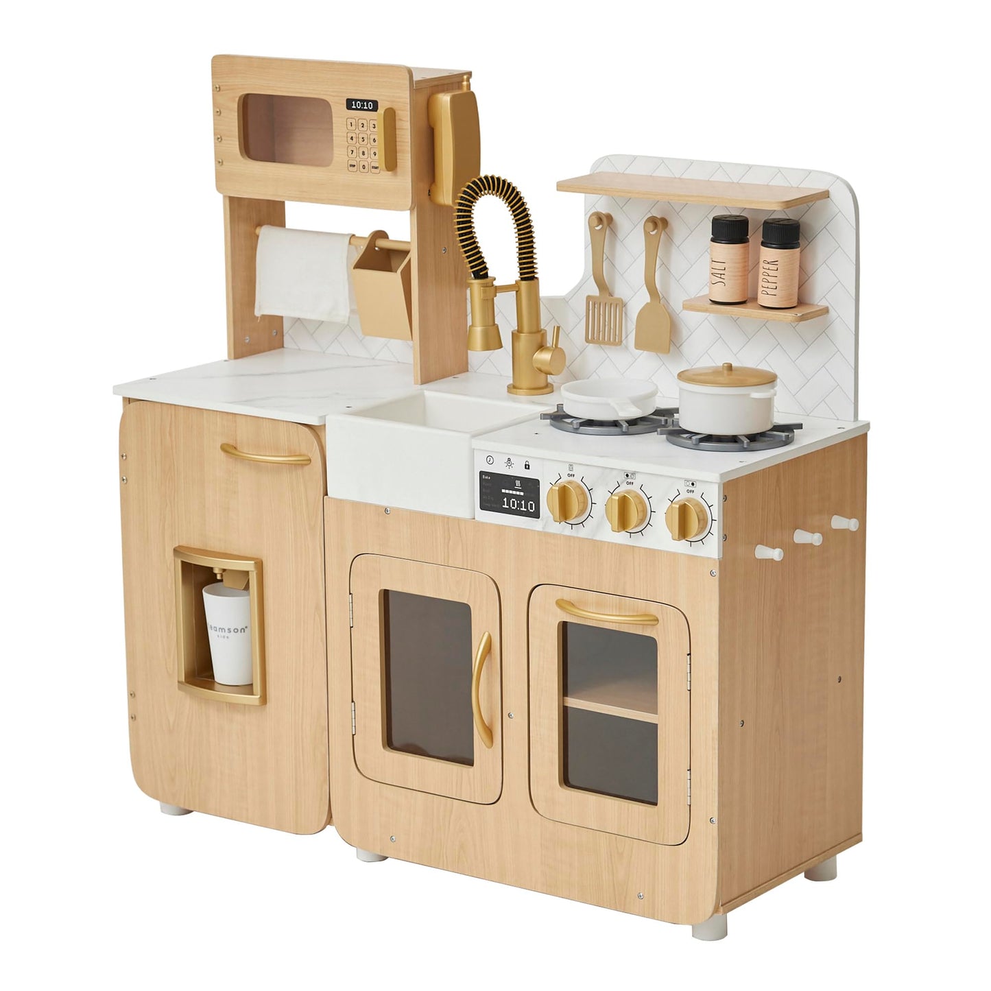 Teamson Kids Little Chef Cyprus Play Kitchen Set for Toddlers with 14 Accessories, Wooden Toy Cooking Playset for Kids Ages 1-8, Montessori Cooking Station, Light Oak/White Pretend Kitchen