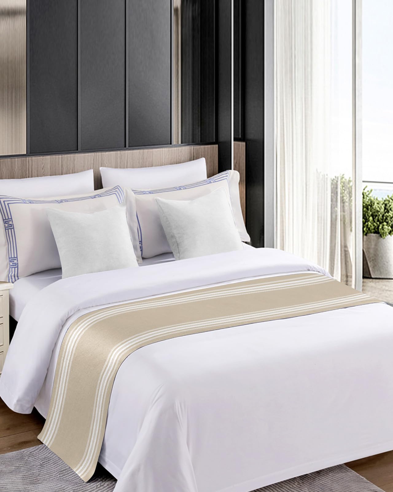 Bed Runner for Queen Size Bed, Beige Striped Bed Scarf Throws for Foot of Bed, Farmhouse Luxurious White Stripes Modern Abstract Art Luxury Bedding Protector Bed Runners for Hotel/Home, 83 x 20 Inch