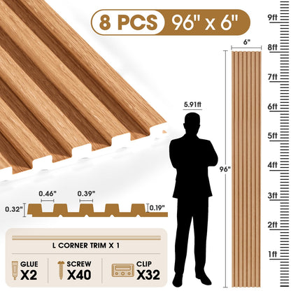 LARWORKS WPC Acoustic Slat Wall Panels 8-Pack 96'' x 6'', Accent 3D Wall Panel for Interior Wall Decor, Waterproof Fluted Textured Panel Wall Slats,Solid Elm (Cover Approx.32 sq.ft)