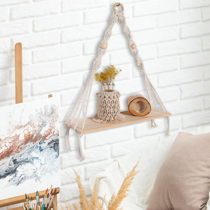 BusonQueen Boho Macrame Wall Hanging Shelves,Wooden Floating Shelves for Wall with Handmade Woven Rope for Home Decor