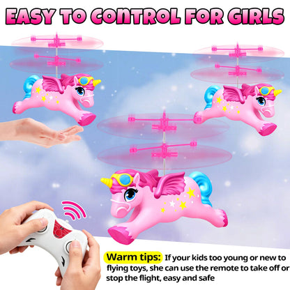 Ynanimery Flying Unicorn Flying Fairy Toys for Girls, Unicorn Toys for Girls Age 6 7 8 9 Teens Birthday, Magic Flying Ball Helicopter Drone Fairy Toy with LED Light for Kids Indoor Play