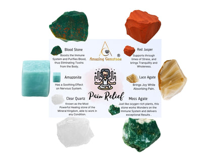 Amazing Gemstone Crystals for Pain Relief Manifestation, Set of 6 Blood Stone, Amazonite, Clear Quartz, Red Jasper, Lace Agate and Moss Agate Healing Crystals and Stones