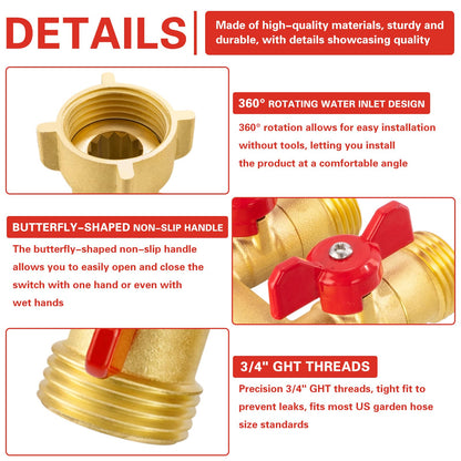 Cekwiet 3 Way Garden Hose Splitter Heavy Duty Brass, Full Flow Outdoor Faucet Hose Splitter with 3 Shut Off Valves, 3/4" GHT Metal Hose Connector for Garden, Lawn Irrigation, Yard Watering Etc
