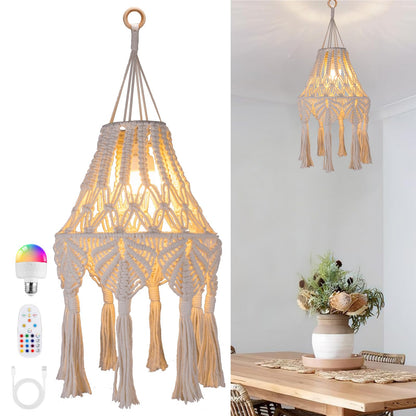 AVAMERY Boho Chic Macrame Pendant Lights with Tassels, Remote Control Dimmable Timer Rechargeable Battery Operated Hanging Lamp, Cotton Rope Wall Decor for Bedroom Living Room