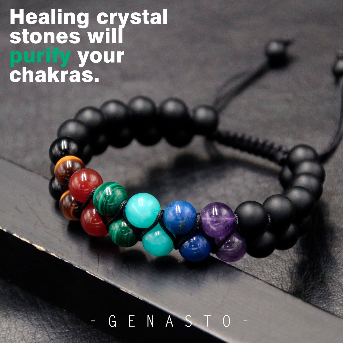 GENASTO Mens Crystal Bracelet, 7 Chakra Bracelet with Real Stones Tigers Eye Obsidan Amethyst Malachite Amazonite Lapis Lazuli Red Agate Beads Bracelets for Multi Healing Protection Balance