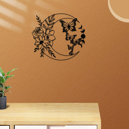 ruelen Moon Butterfly Metal Wall Decor Boho Wall Art Floral Boho Wall Hanging Home for Indoor Living Room Bedroom Bathroom Outdoor Garden Yard Fence Farmhouse Decoration (Moon Butterflies)