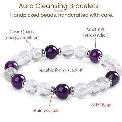 Atminafays 8MM Healing Crystal Bracelet - Amethyst & Clear Quartz | Natural Stone Energy Jewelry for Anxiety Relief and Stress & Positive,adjustable 6.5-8"