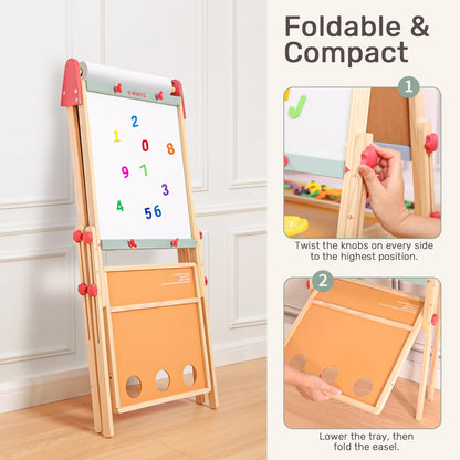 WINGYZ 3-in-1 Art Easel for Kids – Sturdy Pine Wood Easel with Magnetic Whiteboard, Chalkboard & 400" Paper Roll, Foldable Adjustable Heights for Ages 2-12, Complete Tool-Free Art Station