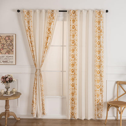 Tootop Bohemian Curtains Linen Gauze Embroidered Curtains Bohemian Floral Beige Farmhouse Living Room Decor Rustic Semi-Blackout Curtains Tieback Pocket or Folded Edge 2 Panel 84 Inch Gold