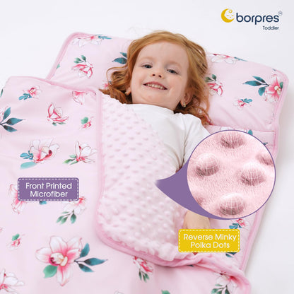 Nap Mat with Pillow Blanket Set: Pink Floral Sleeping Mats for Toddler Kids - Thick Large Roll up Slumber Bag for Daycare Preschool Kindergarten Boys Girls