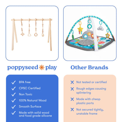 Poppyseed Play Wooden Baby Play Gym | Montessori-Inspired Activity Center with 4 Hanging Toys | Natural Wood & Silicone | Ideal for Tummy Time, Sensory Play & Motor Skill Growth | 0-12 Months