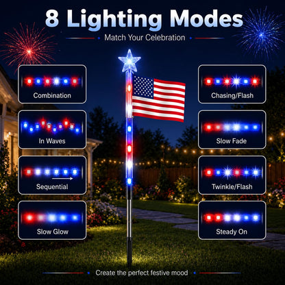 8 Pack Solar American Flag Pathway Lights, Patriotic Red White Blue Outdoor Stake Lights, Waterproof Solar LED Yard Garden Decorations for 4th of July, Independence Day