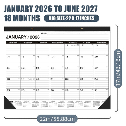 Desk Calendar 2026(January 2026 - June 2027)，2026 Desk Calendar Large 22 x17，2026 Calendar,Classic Black,Large Calendar 2026-2027 with Plastic Cover