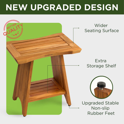 GREENTEAK Premium 18" Teak Wood Shower Bench, Waterproof Teak Shower Stool, Non-Slip Feet for Enhanced Safety, Spa Bath Seat for Bathroom, Indoor & Outdoor Use, 300 lb (Upgrade 18" 2-Tier, Straight)