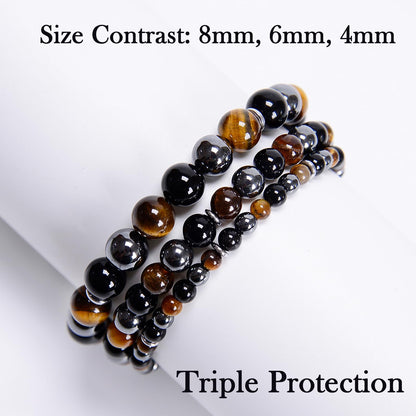 CHCCOYE 4mm Handmade Adjustable Natural Gemstone Crystal Bracelet Healing Power Energy Inspirational Gifts with Card for Unisex (Triple Protection)