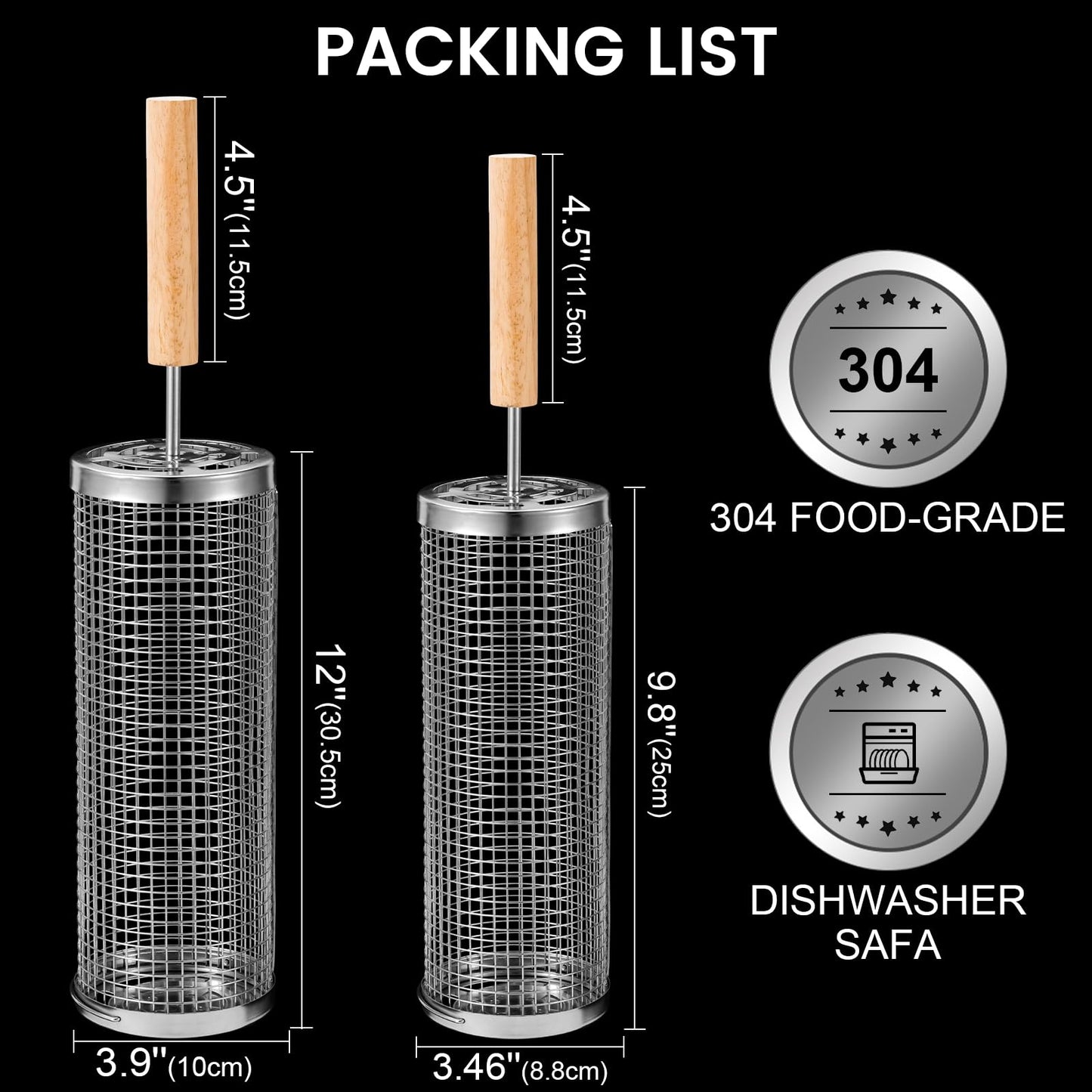 Nesting Grill Baskets (2 PCS), 304 Stainless Steel with Removable Wooden Handle, Rolling Grilling Net, BBQ Accessories Tools for Vegetables Shrimp, Outdoor Camping, Gifts for Men Dad and Husband