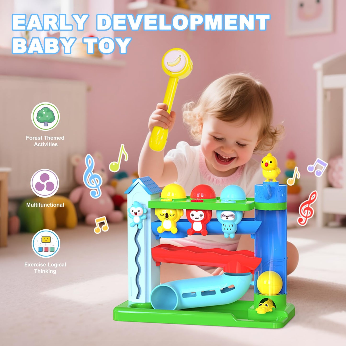 Ussybaby Hammer Toddler Musical Toys, Light-Up Baby Musical Toy for 1-2 Year Old Boys & Girls,STEM Educational Toy with English & Spanish, for Ages 6-9,9-12,12-18,18-24+ Months