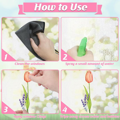63PCS Spring Window Clings, 10 Sheets Reusable Window Stickers for Glass with Hummingbirds Butterflies Tulip Flowers,Spring Summer Window Decor