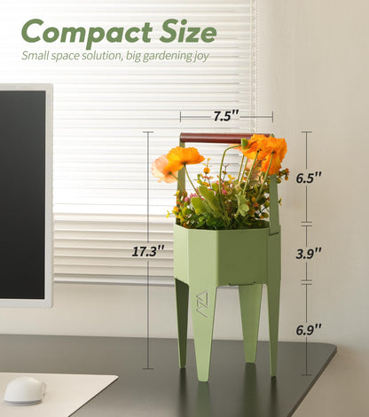AZADESJET Planter with Stand, Metal 2 in 1 Portable Planter with Grow Bags & Handle, Stable Stylish Indoor Plant Pots with Stand, Modern Flower Pots Outdoor, 7.5'' x 17.3'', Green, Plant Not Included