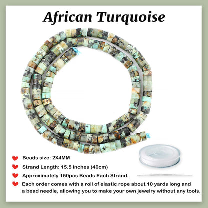 Natural African Turquoise Heishi Spacer Beads Loose Semi Precious Flat Round Gemstone Disc Shape Stone for Beading Jewelry Making 4x2mm 15.5"