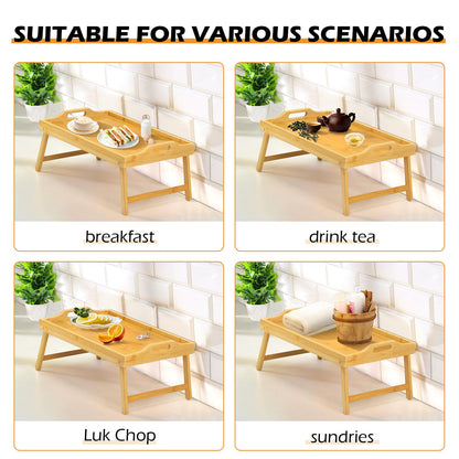 2 Pack Bamboo Bed Tray Table, Folding Legs and Handles, Breakfast Tray, Laptop Desk for Bed or Sofa, Serving Tray for Eating, Working, Reading,Picnic