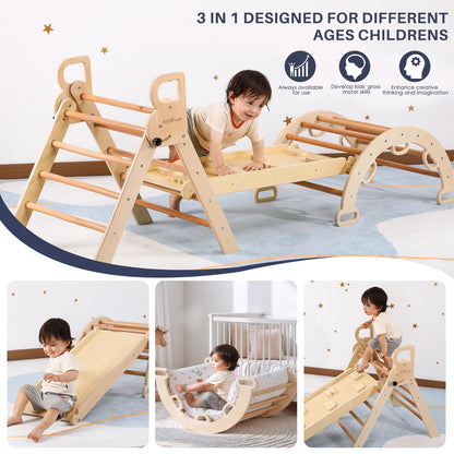 BlueWood Pikler Triangle Set with Cushion, 8-in-1 Foldable Wooden Toddler Climbing Toys Indoor Playground Jungle Gym Montessori Philosophy Climber for 2-6 Years Old, Baby, Kids (Natural Wood)