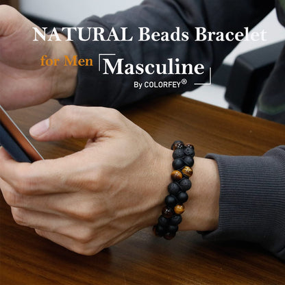 Triple Protection Bracelet for Men Women, Genuine Premium Tiger Eye Black Onyx and Lava Rock 8mm Handmade Bead Bracelet Healing Crystal Protection Bracelets Bring Luck and Prosperity and Happiness