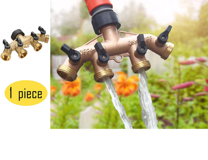 LBY 4 Way Brass Hose Splitter, 3/4" Hose Faucet Manifold, Garden Hose Connector, Tap Splitter, Solid Brass (Golden Yellow)