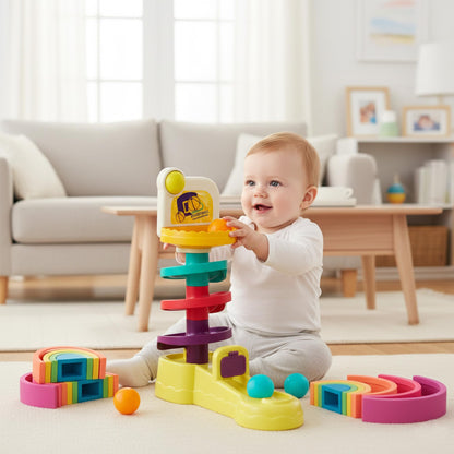 ROHSCE Silicone Rainbow Stacker 7PCS + Montessori Ball Drop Toy, Soft Nesting Blocks Sensory Stacking Toys, 2-in-1 Educational Set for Creative Play & Learning, Babies & Toddlers