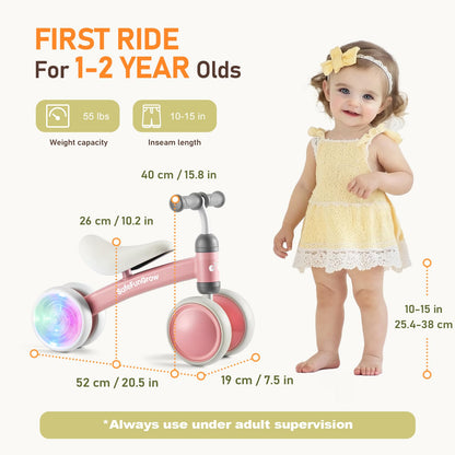 Colorful Lighting Baby Balance Bike Toys for 1 Year Old Girl Gifts, Balance Bike 1 Year Old No Pedal, 12-24 Months Toddler Ride on Toys with 4 Silent Wheels & Soft Seat, 1st Birthday Gifts, Pink